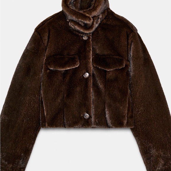 Zara Dark Brown Faux Fur Bomber Jacket - Picture 1 of 6